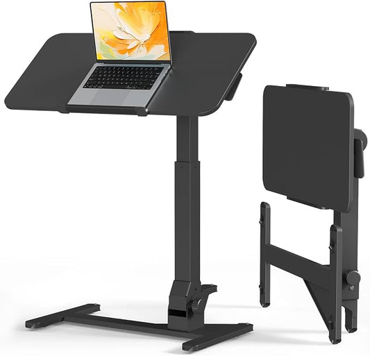 JOY worker Foldable Overbed Bedside Table, 180° Tiltable Mobile Standing Desk with Wheels, 31.5" Pneumatic Height Adjustable Rolling Laptop Desk for Home & Hospital Use, Easy Storage, Black