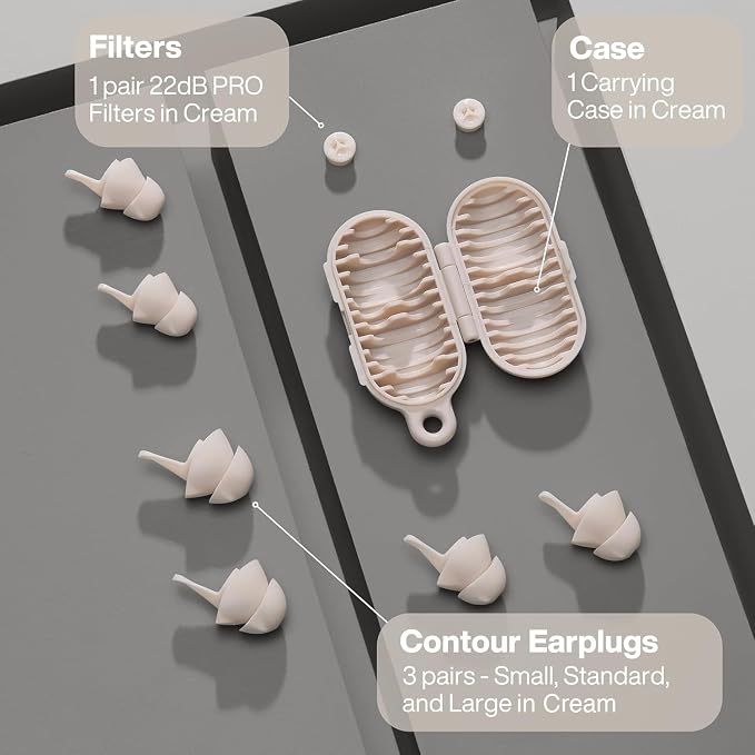 EARPEACE Everyday Noise Control & Noise Reduction Ear Plugs - High-Fidelity Earplugs, Comfortable & Reusable Earplugs for Travel, Sleep, Work, Snoring Blocking, Includes Carrying Case - Cream