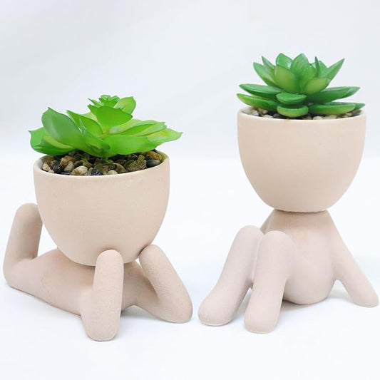Zerzsy 2PCS Cute Artificial Succulent Plants with Creative Human Shaped Pots, Desk Decoration Artificial Fake Plants Indoor for Home Office Decoration(Cream Color)