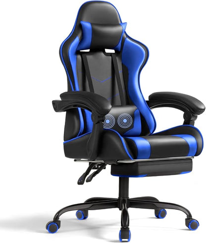 Shahoo Gaming Chair with Footrest and Massage Lumbar Support, Ergonomic Computer Chairs 360°Swivel and Height Adjustable Seat with Headrest for Office or Bedroom, Study Room, Blue