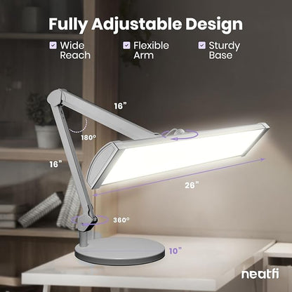 Neatfi 3,500 Lumens LED Desk Lamp – 45W Dimmable Task Light | 3 Light Modes | 540 SMD LEDs | Touch Control | Adjustable Arm | Reading, Craft, Workbench & Office (Silver-3, 26-Inch Wide Shade)