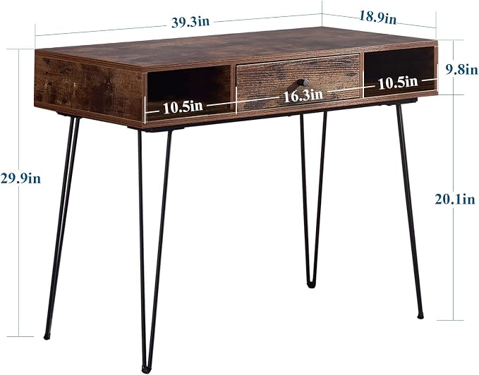 VECELO 39.3" Home Office Work Table with Drawers,Computer Desk with Hairpin Leg for Writing/Study,Retro Brown