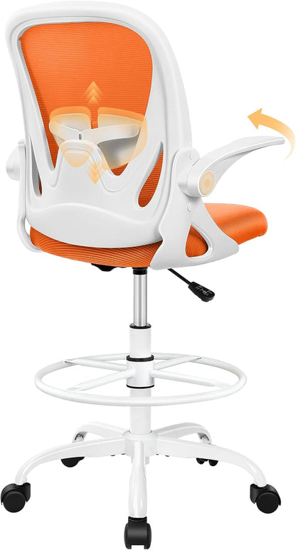 Primy Drafting Chair Tall Office Chair with Flip-up Armrests Executive Ergonomic Computer Standing Desk Chair with Lumbar Support and Adjustable Footrest Ring (Sunset Orange)
