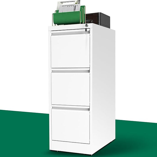 3 Drawer File Cabinet with Lock, Metal Vertical Filing Cabinet, Filing Cabinets for Home Office, Locking File Cabinet Hanging Files for A4/ Legal/Letter, Require Assembly, White