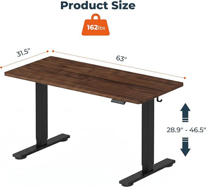 Electric Height Adjustable Standing Desk 63 x 31 Inch Home Office Computer Desk with Memory Preset Cup Holder and Cable Management, Walnut