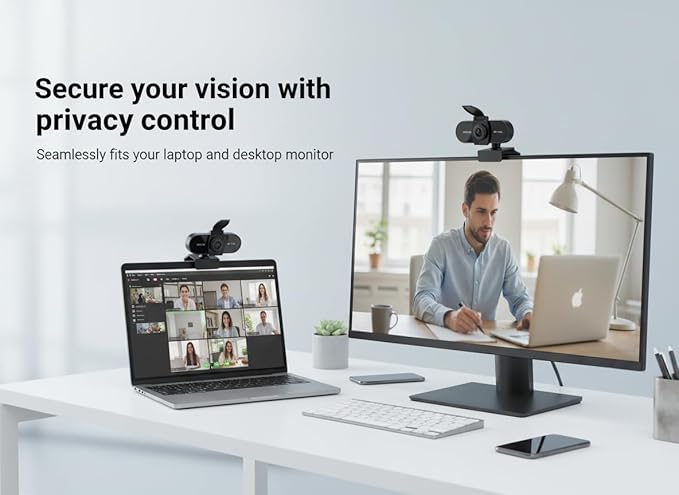 4K HD Webcam with Microphone, Noise Cancellation, Privacy Cover, Wide-Angle Lens, Auto Light Correction, Plug & Play USB Webcam for Laptop, Desktop, PC, Mac, Zoom, Skype, Streaming