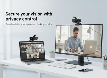 4K HD Webcam with Microphone, Noise Cancellation, Privacy Cover, Wide-Angle Lens, Auto Light Correction, Plug & Play USB Webcam for Laptop, Desktop, PC, Mac, Zoom, Skype, Streaming
