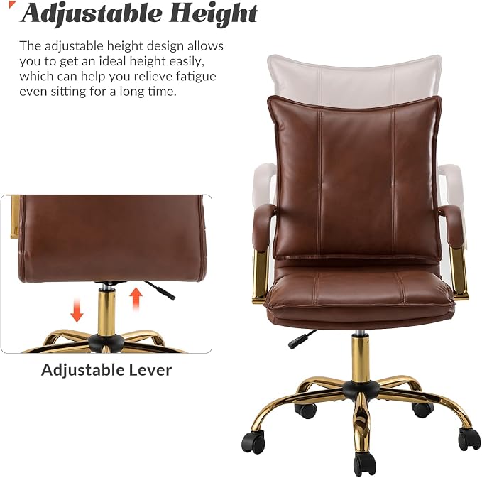 HULALA HOME Faux Leather Home Office Desk Chair, Adjustable Swivel Computer Chair with Golden Legs and Arms, Comfy Upholstered Task Chair, Brown
