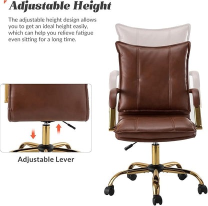 HULALA HOME Faux Leather Home Office Desk Chair, Adjustable Swivel Computer Chair with Golden Legs and Arms, Comfy Upholstered Task Chair, Brown