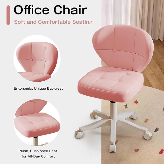 Small Office Chair with Lumbar Support, PU Leather Armless Swivel Desk Chair Adjustable Height, Compact Rolling Chair for Home Office, Bedroom, Study Pink Set of 2