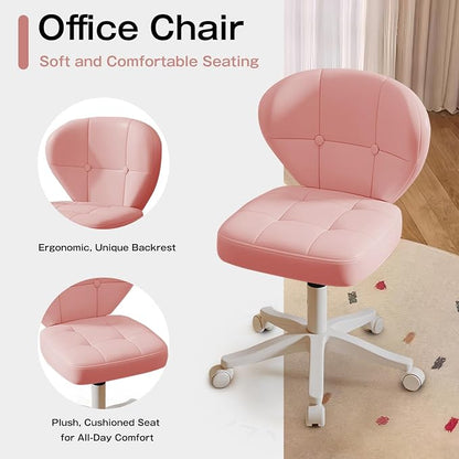 Small Office Chair with Lumbar Support, PU Leather Armless Swivel Desk Chair Adjustable Height, Compact Rolling Chair for Home Office, Bedroom, Study Pink Set of 2