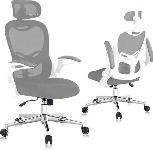 Office Chair, Ergonomic Breathable Mesh Chair,Flip-Up Arms and Adjustable High Back Lumbar Support,Comfy Computer Chair for Home Office (Grey, 407)