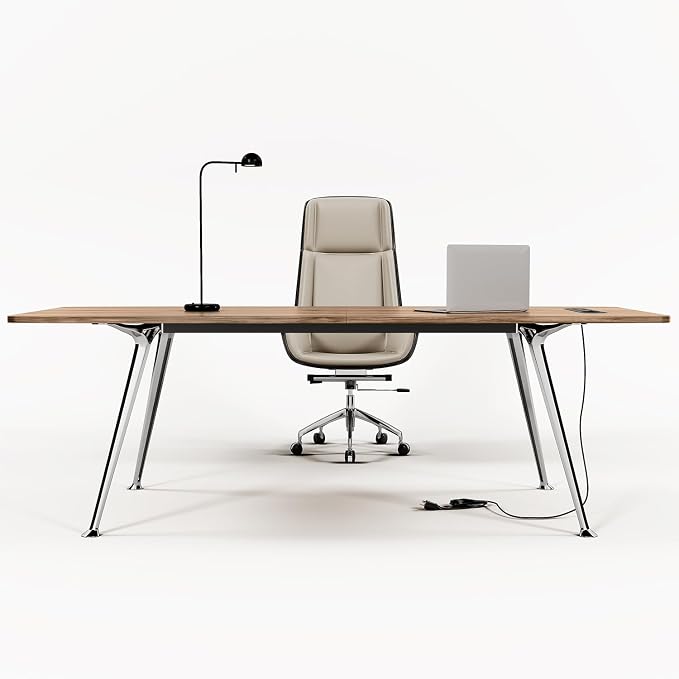 60-Inch Executive Desk, Modern Desk for Home Office, Wooden Study Writing Work Table with Power Outlets and USB-C Port, Large Legroom, Sturdy Metal Frame, Mid-Century Modern Simple, Light Brown