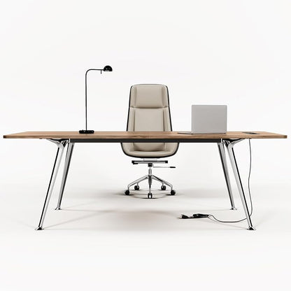 60-Inch Executive Desk, Modern Desk for Home Office, Wooden Study Writing Work Table with Power Outlets and USB-C Port, Large Legroom, Sturdy Metal Frame, Mid-Century Modern Simple, Light Brown