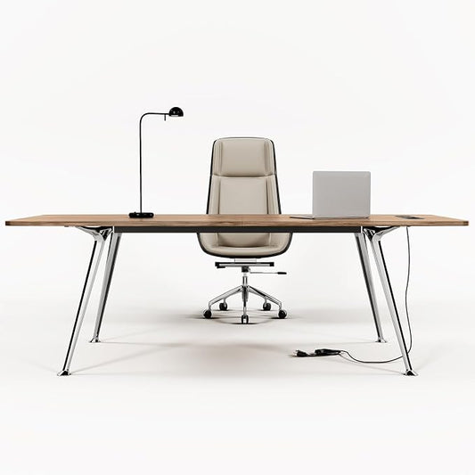 60-Inch Executive Desk, Modern Desk for Home Office, Wooden Study Writing Work Table with Power Outlets and USB-C Port, Large Legroom, Sturdy Metal Frame, Mid-Century Modern Simple, Light Brown