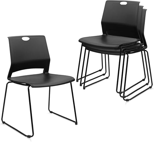 KLASIKA Stackable Guest Reception Chairs, Stacking Office Chair with Ergonomic Lumbar Support & Metal Legs, Plastic Desk Chairs for Conference School Church Waiting Meeting Break Room Set of 4, Black