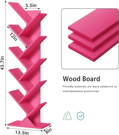 SHEEPAM 10 Tier Tree Book Shelf, Floor Standing Wood Bookshelf for Narrow Space, Storage Organizer Bookshelves for Books/CDs/Magazine, Bookcase with Shelves for Home Office, Living Room - Pink