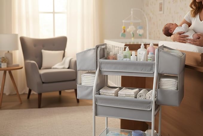 Moteph Rolling Utility Cart with Side Storage, 3-Tier Diaper Cart & Baby Caddy Organizer for Nursery Essentials, Bedside/Postpartum Nursing Cart, Craft & Art Storage Organizer, Rolling Book Cart