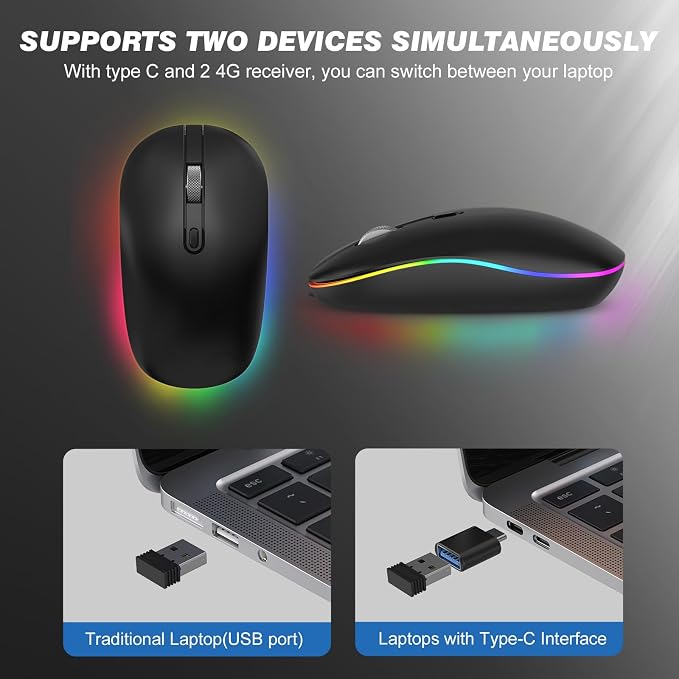 RaceGT LED Wireless Mouse with Type-c Charging Port, 2.4G Rechargeable Slim Silent Mouse with USB & Type-c Receiver, 3 Adjustable DPI for Laptop, Deskbtop, MacBook, PC