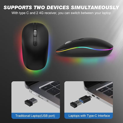 RaceGT LED Wireless Mouse with Type-c Charging Port, 2.4G Rechargeable Slim Silent Mouse with USB & Type-c Receiver, 3 Adjustable DPI for Laptop, Deskbtop, MacBook, PC