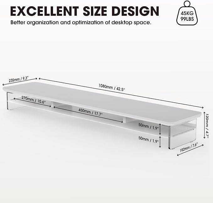 Fenge Acrylic Monitor Stand Riser, 42.5 Inches Dual Monitor Stand with Metal Storage, 2 Tier Acrylic Computer Riser for Desk, Clear Laptop Stand for PC, Laptop, Printer, TV, White
