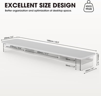 Fenge Acrylic Monitor Stand Riser, 42.5 Inches Dual Monitor Stand with Metal Storage, 2 Tier Acrylic Computer Riser for Desk, Clear Laptop Stand for PC, Laptop, Printer, TV, White