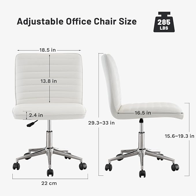 PU Leather Armless Office Chair - 360° Swivel Computer Desk Chair with Adjustable Height & Comfy Chrome Legs, Ivory White - Perfect for Home Office, Bedroom, Living Room & Vanity, Ivory White