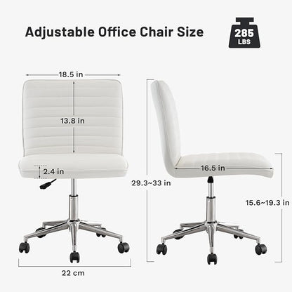 PU Leather Armless Office Chair - 360° Swivel Computer Desk Chair with Adjustable Height & Comfy Chrome Legs, Ivory White - Perfect for Home Office, Bedroom, Living Room & Vanity, Ivory White