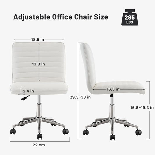 PU Leather Armless Office Chair - 360° Swivel Computer Desk Chair with Adjustable Height & Comfy Chrome Legs, Ivory White - Perfect for Home Office, Bedroom, Living Room & Vanity, Ivory White