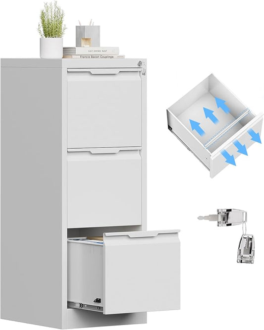 3 Drawer File Cabinet with Lock, Small Filing Cabinets for Home Office,17.8" D Metal File Cabinet for Under Desk, Vertical White File Cabinets for Legal/Letter Size File, Easy Assembly