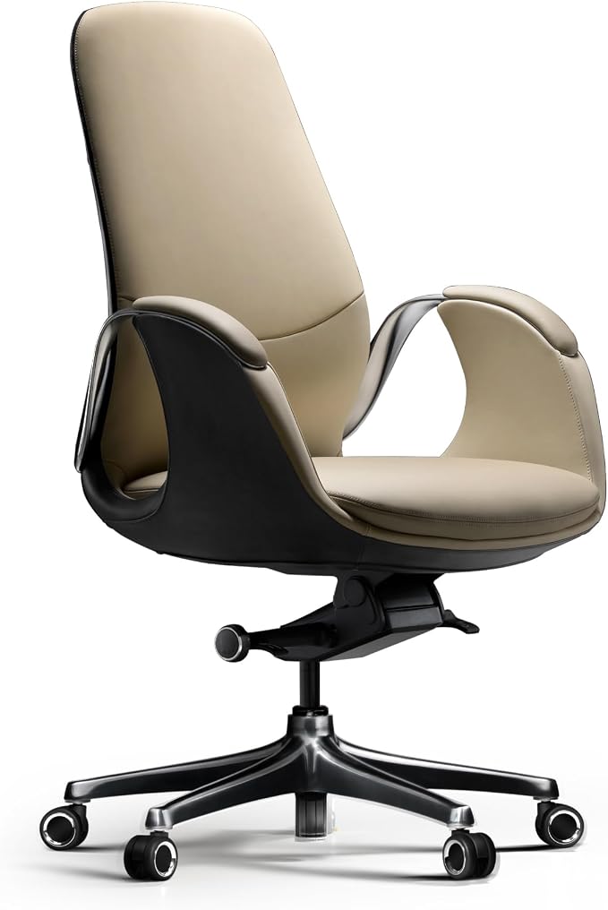 TOMU Genuine Leather Executive Office Chair, Executive Guest Chair, Mid Back Comference Office Chair for Office Comference Room Table,Swivel with Wheels, (Cream)
