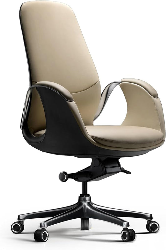 TOMU Genuine Leather Executive Office Chair, Executive Guest Chair, Mid Back Comference Office Chair for Office Comference Room Table,Swivel with Wheels, (Cream)