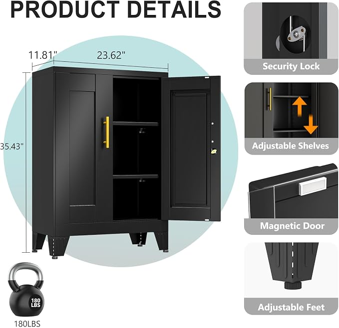 pozdeg 35.43" Lockable Metal Storage Cabinet, Steel Locker File Cabinet with 2 Doors ＆ 2 Adjustable Shelves, Multi-Purpose Organizer for Home, Office File Storage & Garage Locker (Black)