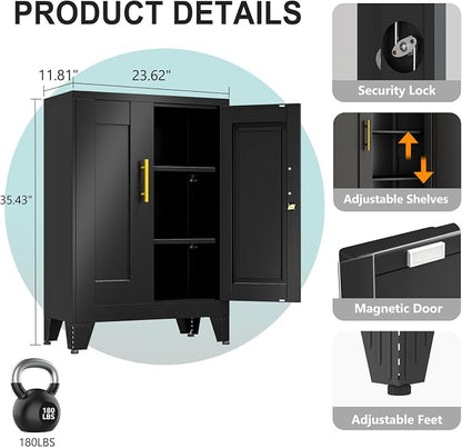 pozdeg 35.43" Lockable Metal Storage Cabinet, Steel Locker File Cabinet with 2 Doors ＆ 2 Adjustable Shelves, Multi-Purpose Organizer for Home, Office File Storage & Garage Locker (Black)