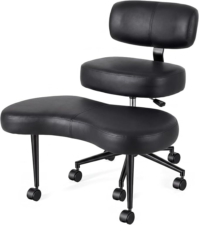 DUMOS Ergonomic ADHD Cross Legged Office Desk Chair with Adjustable Backrest, Height Adjustable Meditation Chair with 360° Swivel Footstool, PU Leather Yoga Stool for Home Office, Black