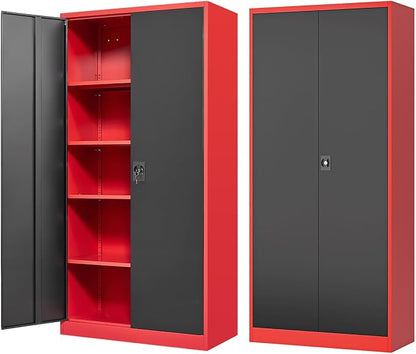Fesbos Metal Storage Cabinet-72” Tall Steel File Cabinets with Lockable Doors and Adjustable Shelves-Black&Red Steel Storage Cabinet for Kitchen, Office, Garage