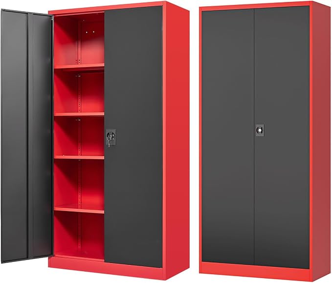 Fesbos Metal Storage Cabinet-71” Tall Steel File Cabinets with Lockable Doors and Adjustable Shelves-Black&Red Steel Storage Cabinet for Home,Kitchen, School, Office, Garage