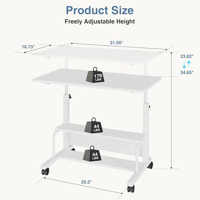 DUMOS 31.5" Mobile Rolling Desk with 2-Tier Storage Shelves, Height Adjustable Computer Desks on Wheels, Portable Rolling Laptop Table for Small Spaces & Home Office White