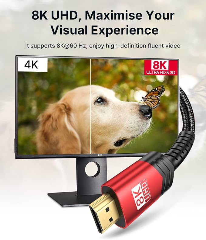 JSAUX 8K HDMI Cable 2.1 2 Pack 3ft, 48Gbps Ultra High Speed HDMI Cable Braided Cord (4K@144Hz, 4K@120Hz, 8K@60Hz) HDCP 2.2&2.3 HDR 10 eARC ARC, Compatible with Switch 2/PS5/Laptop/Monitor/HDTV/-Red