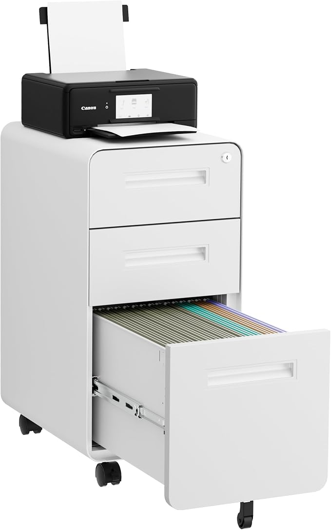 3 Drawers Slim File Cabinet, Mobile Filing Cabinet with Lock, Steel, Fully Assembled Except Casters, for Home Office, for A4, Letter, Legal File Folders, White