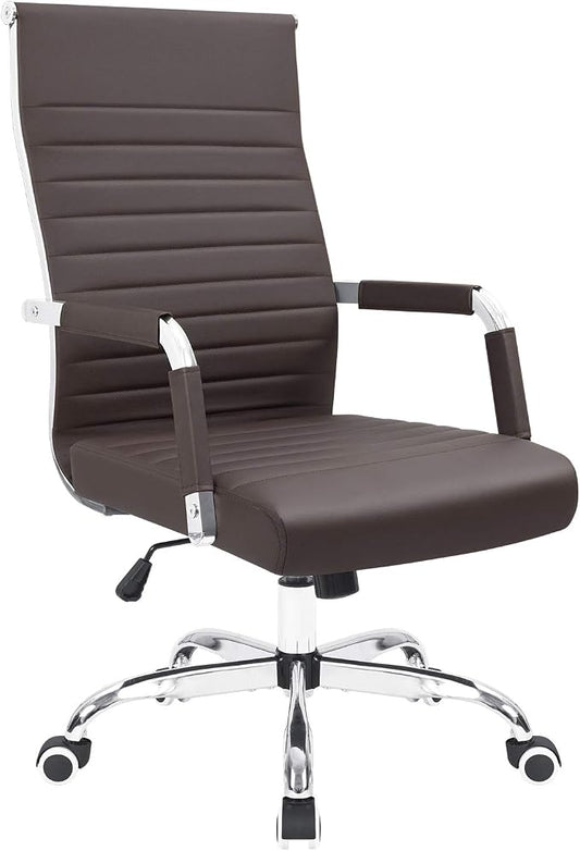 KaiMeng Ribbed Office Desk Mid Back Computer Chair Height Adjustable Conference Executive Task Swivel PU Leather (Brown)