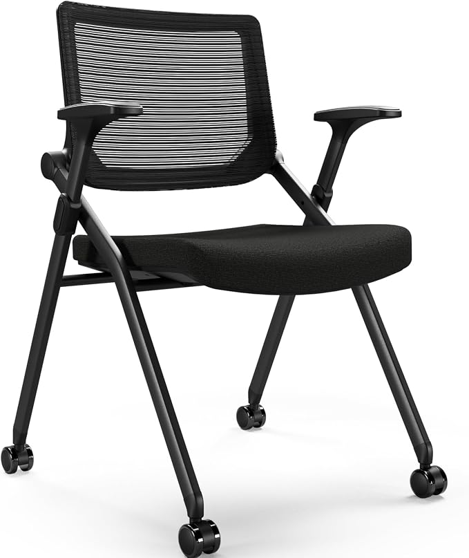 Foldable Office Chair with PU Wheels and Smooth Armrest-Ergonomic Mesh Bouncing Back, Stackable Conference Room Chair, Office Guest & Reception & Meeting Chair (Black)