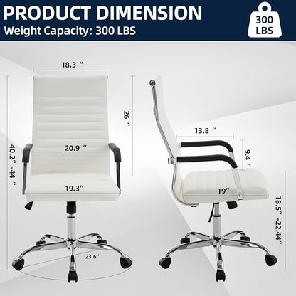 Office Chair, Ergonomic Executive Conference Room Chairs, Ribbed Leather Desk Chair with Lumbar Support, Adjustable Height Mid-Back Swivel Chair (Square Tube Armrests, White)