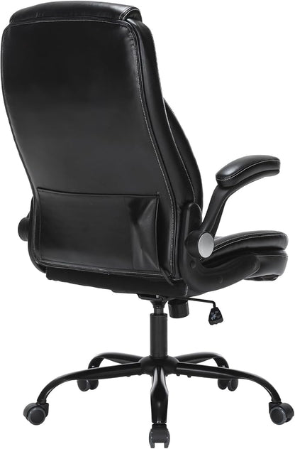Heavy-Duty Executive Office Chair with Ergonomic Design, 300LBS PU Leather Chair with Adjustable Lumbar Support, 360° Swivel, Reclining Backrest, and Flip-Up Armrests for Big and Tall People(Black)