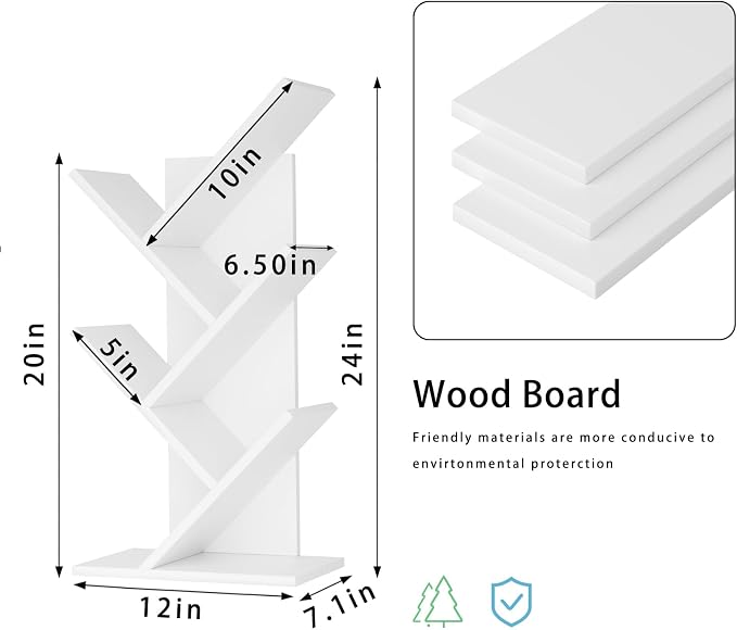 SHEEPAM 5 Tier Tree Book Shelf, Small Desktop Bookshelf with Storage Organizer, Wood Bookcase, Desk Display Bookshelves, Floor Standing Organizer Bookcases for Living Room,Bedroom,Office-White
