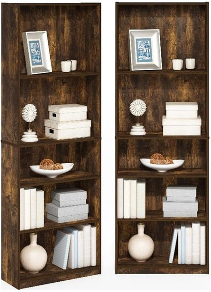 Furinno Jaya Book Shelf Set of 2, 5-Tier Bookshelf, Bookcase, with Adjustable Shelf, 9.5 x 24.5 x 71, for Home Office, Living Room, Amber Pine