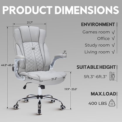 400lbs Executive Office Chair with Flip-Up Armrests, Big and Tall Computer Chair for Heavy People, Heavy Duty Ergonomic Comfy Chair, Breathable PU Leather (Grey)