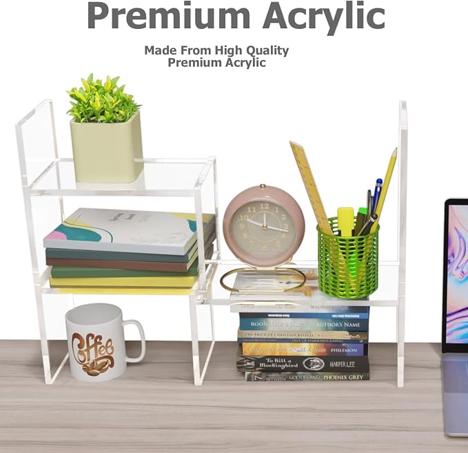 My Space Organizers Adjustable Acrylic Desk Shelf for Top of Desk: Clear Desktop Shelf, Premium Desktop Bookshelf Organizer, Office Table Book Shelves