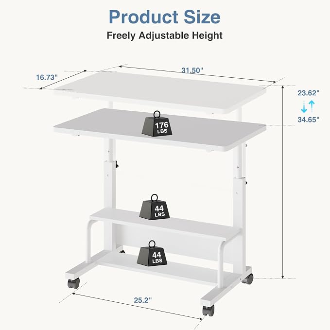 DUMOS 31.5" Mobile Rolling Desk with 2-Tier Storage Shelves, Height Adjustable Computer Desks on Wheels, Portable Rolling Laptop Table for Small Spaces & Home Office White