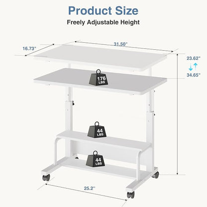 DUMOS 31.5" Mobile Rolling Desk with 2-Tier Storage Shelves, Height Adjustable Computer Desks on Wheels, Portable Rolling Laptop Table for Small Spaces & Home Office White